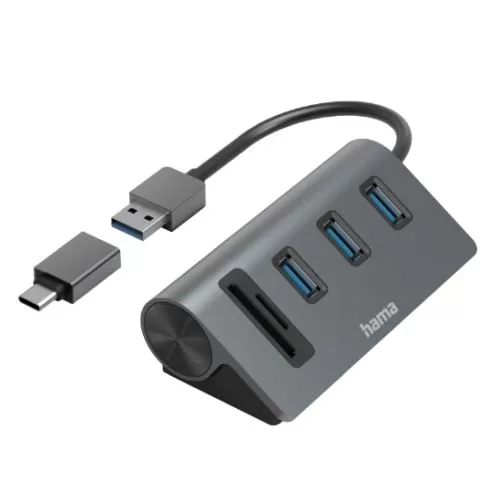 HAMA - Hama External USB 3.2 Gen1 Hub/Card Reader, 3x USB-A, SD, microSD, USB Powered, USB-C Adapter