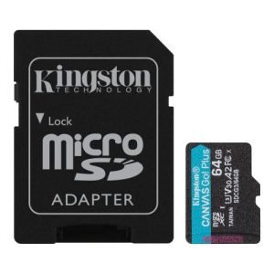 KINGSTON – Kingston 64GB Canvas Go! Plus Micro SDXC Card with SD Adapter, UHS-I Class 10, U3, A2 App Performance, 170MB/s