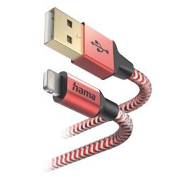 HAMA - Hama Reflective Charging USB-A to Lightning Cable, 480Mbps, Nylon Sheath, Gold-Plated, 1.5 Metre, Red, MFI Certified
