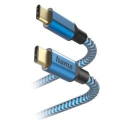 HAMA - Hama Reflective USB-C to USB-C Quick Charging Cable, USB 2.0, Nylon Sheath, Gold-Plated, 1.5 Metre, Blue