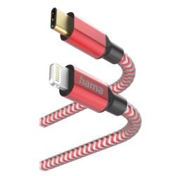 HAMA - Hama Reflective Charging USB-C to Lightning Cable, 480Mbps, Nylon Sheath, Gold-Plated, 1.5 Metre, Red, MFI Certified