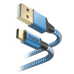 HAMA - Hama Reflective USB-A to USB-C Quick Charging Cable, USB 2.0, Nylon Sheath, Gold-Plated, 1.5 Metre, Blue