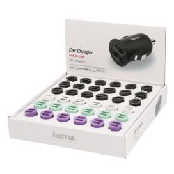 HAMA - Hama Dual USB-A Car Chargers x36 Multipack, 12W, Various Colours, Display Case
