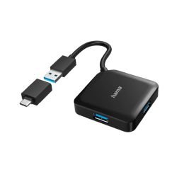 HAMA - Hama External 4-Port USB 3.2 Gen 1 Hub, USB Powered, USB-A w/ USB-C Adapter