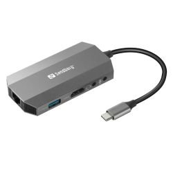 SANDBERG - Sandberg (136-33) USB-C 6-in-1 Travel Dock - USB-C (up to 100W), HDMI, 2x USB 3.0, RJ45, Headphone, Microphone, SD/Micro SD/TF Card, Aluminium, 5 Year Warranty