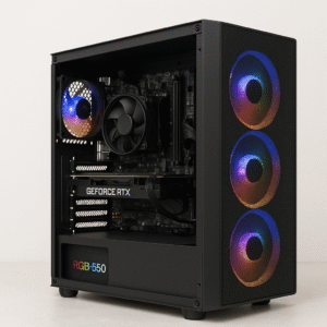 Side view of a custom-built gaming PC with RGB fans, RTX graphics card, and clean cable management.