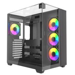 VIDA - Vida Visio Black ARGB Gaming Cube Case w/ Glass Side, Front & Top, ATX, 4x ARGB PWM Fans, 6-Port Fan Hub & Remote Control, USB-C, Asus BTF Compatible