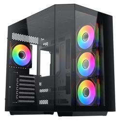 VIDA - Vida Edge Black ARGB Gaming Cube Case w/ Glass Side, Front & Corner, ATX, 4x ARGB PWM Fans, 6-Port Fan Hub & Remote Control, Asus BTF Compatible